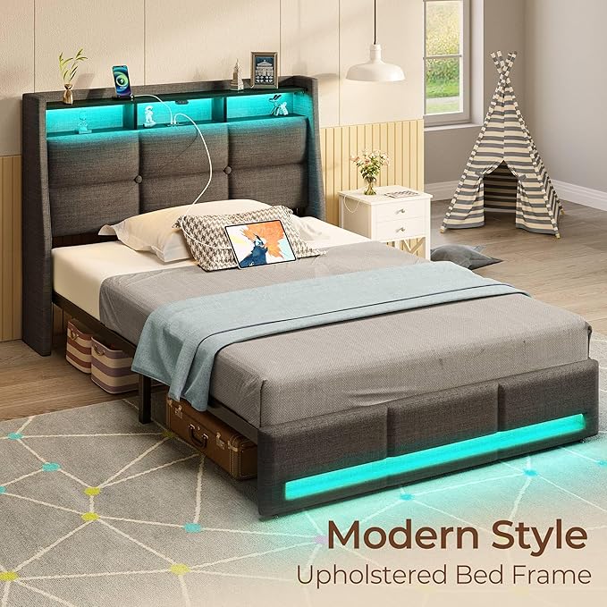 Rolanstar Twin Size Bed Frame with LED Lights and Charging Station, Upholstered Headboard with 2-Tier Storage Shelves, Heavy Duty Metal Frame, Noise-Free Support, Easy Assembly, No Box Spring Needed