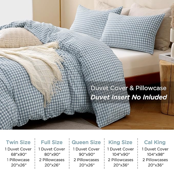 TOCOMOA Blue Gingham Duvet Cover Bedding Set 100% Washed Cotton Like Linen Feel Super Soft Comfortable 3 Piece Plaid Checkered Comforter Cover Set (California King 104"x98", Comforter Not Included)