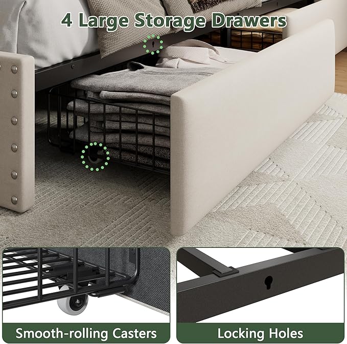Forestell Full Size Bed Frame with 4 Drawers and Storage Headboard, Upholstered Platform Bed Frame Full Size with LED Lights and Charging Station, Metal Slats Support, No Box Spring Needed, Beige
