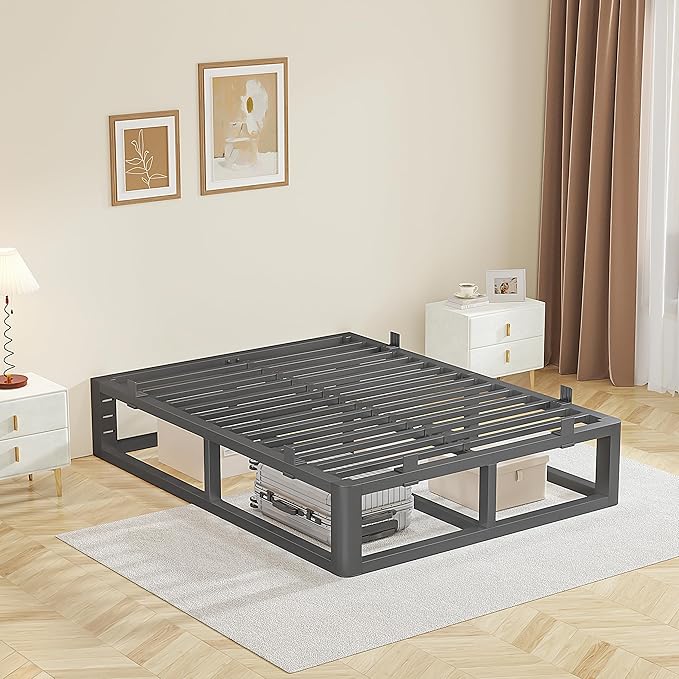 14 Inch King Size Bed Frame with Rounded Corner and Headboard Hole, Metal Platform Bed Frames 6 Non-Slip Guards, 3500lbs Heavy Duty Steel Slat Support, Squeak Free, No Box Spring Needed, Black