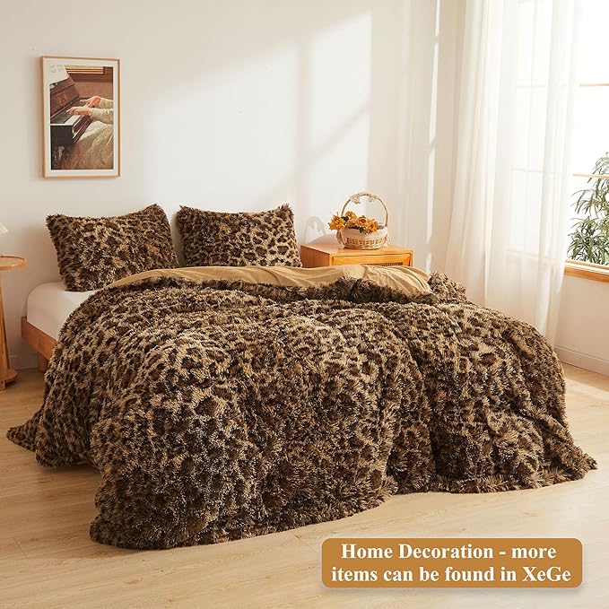 XeGe 20x54 Fluffy Leopard Print Body Pillow Cover, Cheetah Print Plush Fuzzy Faux Fur Body Pillowcase with Zipper, Farmhouse Shaggy Furry Long Pillow Cover for Pregnant Women Side Sleeper, Brown
