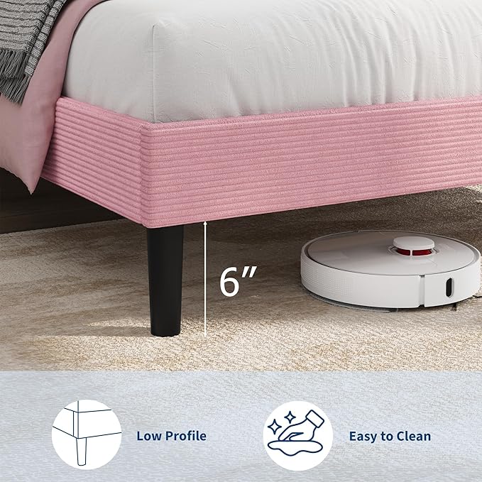 IDEALHOUSE Twin Size Bed Frame, Platform Bed with Adjustable Corduroy Upholstered Storage Headboard and Charging Station, Sturdy Metal Support, Noise Free, Easy Assembly, Pink