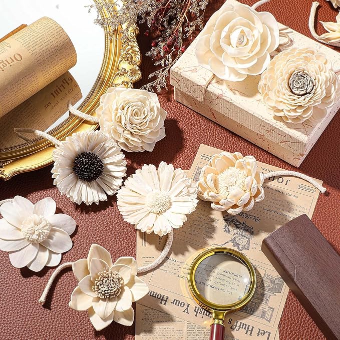 Waydress 15 Pcs Diffuser Mixed Sola Flowers Natural Material Aromatherapy Reed Wood Flowers Decorative Aromatherapy Flower Placement Refill Wood Flower Diffuser with Rope(3.15-3.35 Inches,Fresh)