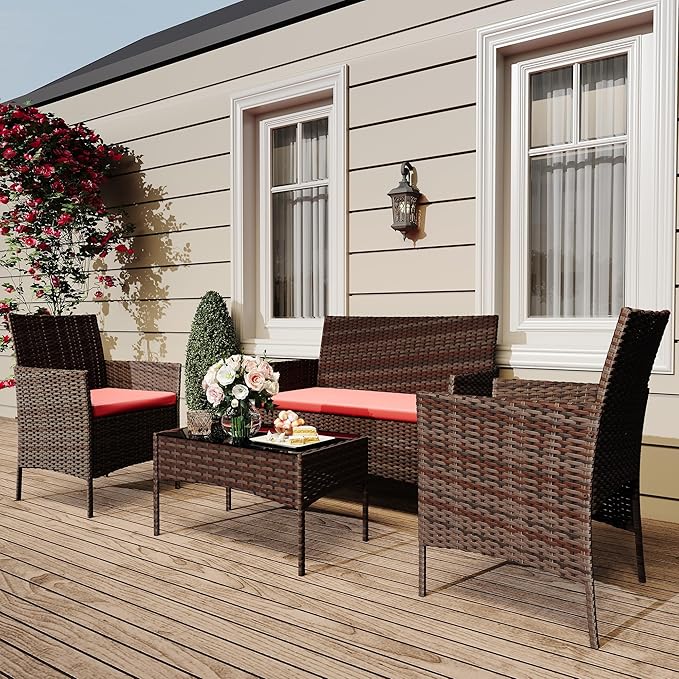 GarveeHome Modern 4-Person Outdoor Bistro Set with Tempered Glass Table – Weather-Resistant PE Rattan & Iron Frame Patio Furniture, Thick Red & Brown Polyester Cushions for Garden, Balcony, Deck