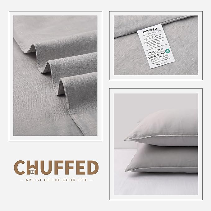 CHUFFED Linen Pillowcases 2 Pack 100% Linen Standard Pillow Cases, Breathable and Cooling Washed Pillowshams with Zipper Closure, 20x36 Inches,Light Grey