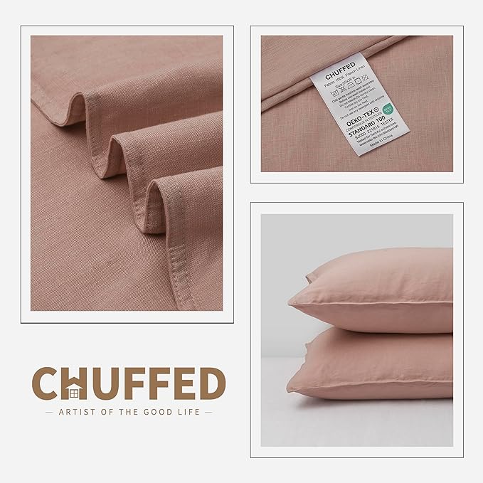 CHUFFED Linen Pillowcases 2 Pack 100% Linen Standard Pillow Cases, Breathable and Cooling Washed Pillowshams with Zipper Closure, 20x36 Inches,Pink
