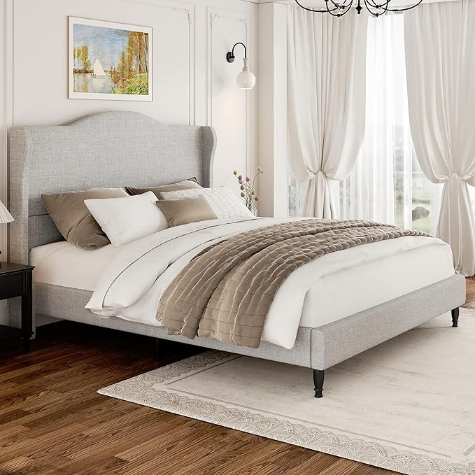 Queen Bed Frame with Headboard, Upholstered Platform Bed with Tall Wingback Headboard, Sturdy Wood Slats Support, Easy Assembly No Box Spring Needed, Modern Style Bed for Bedroom, Beige