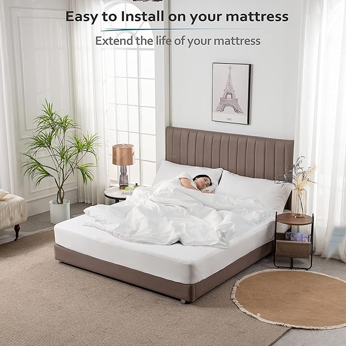 PlushDeluxe Full Mattress Protector, Breathable Soft Terry Cotton Fitted Sheet Bed Cover with Deep Stretchable Pockets, 100% Waterproof, Noiseless, Hypoallergenic, Dust Mite Proof, 54"x75"x15"