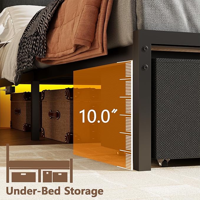 Furnulem Queen Bed Frame with Charging Station and LED Lights, Upholstered Headboard, Metal Platform Bed with 2 Fabric Storage Drawers, Noise Free, No Box Spring Needed, Gery