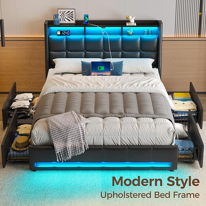 Rolanstar Queen Size Bed Frame with LED Lights and Charging Station, PU Leather Bed Storage Headboard & Drawers, Heavy Duty Wood Slats, Easy Assembly, Black