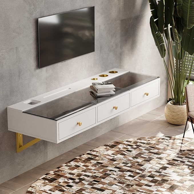 IEO 47" Floating Vanity Makeup Table,Wall Mounted Desk with 3 Drawers Storage,Hanging Floating Small Space Vanity Table for Bedroom, Dressing Room,Warm White