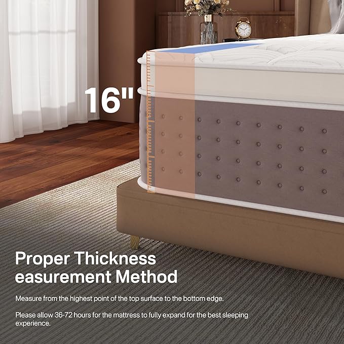 Queen Size Mattresses, 16 Inch Hybrid Queen Mattress in a Box, Cooling Gel Memory Foam Mattresses with Individual Pocket Springs, Pressure Relief, Medium Firm Feel, Extra Edge Support, CertiPUR-US