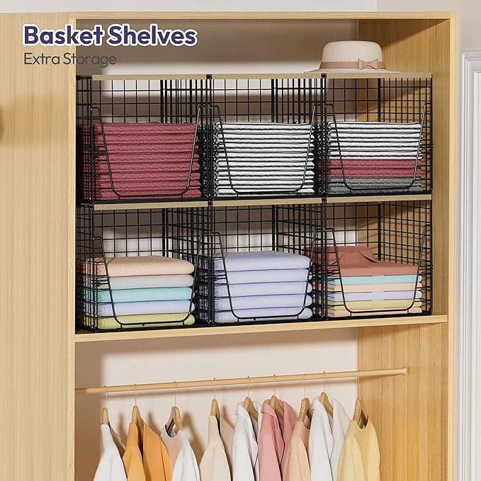 SWTYMIKI 3PCS Closet Organizers and Storage - Stackable Closet Basket with Wood Top Shelf, Clothes Storage Shelves, Clothes Drawer Bins for Wardrobe, Bedroom, Entryway, Black
