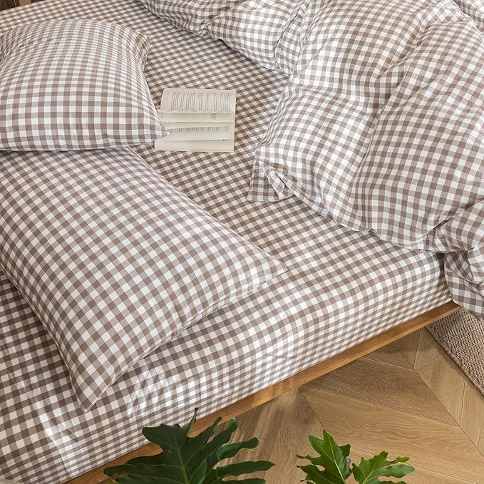 MooMee Gingham Duvet Cover Set 100% Washed Cotton Linen Like Textured Breathable Durable Soft Comfy Modern Checkered Design (Brown Gingham, Twin 68"x90")
