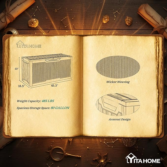 YITAHOME 80 Gallon Outdoor Storage Box, Large Water Resistant Resin Deck Box, Indoor Outdoor Lockable Rattan Storage Container for Patio, Garden, Cushions, Tools, Equipment (Black)