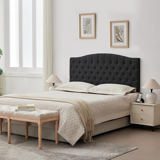 Tufted Upholstered Tall Headboard Queen Size, Sturdy and Durable Solid Wood Bed headboards, Comfortable Linen Fabric Queen Headboard Only, Modern Luxury Button Diamond Design Head Board, Black