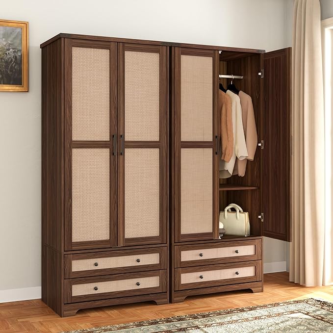 Yechen 71" Wooden Armoire Wardrobe Closet - Modern Functional Clothes Tall Storage Cabinet with Adjustable Shelf and Hanging Rail, Sturdy Freestanding Closet Wardrobe with 2 Wide Drawers for Bedroom
