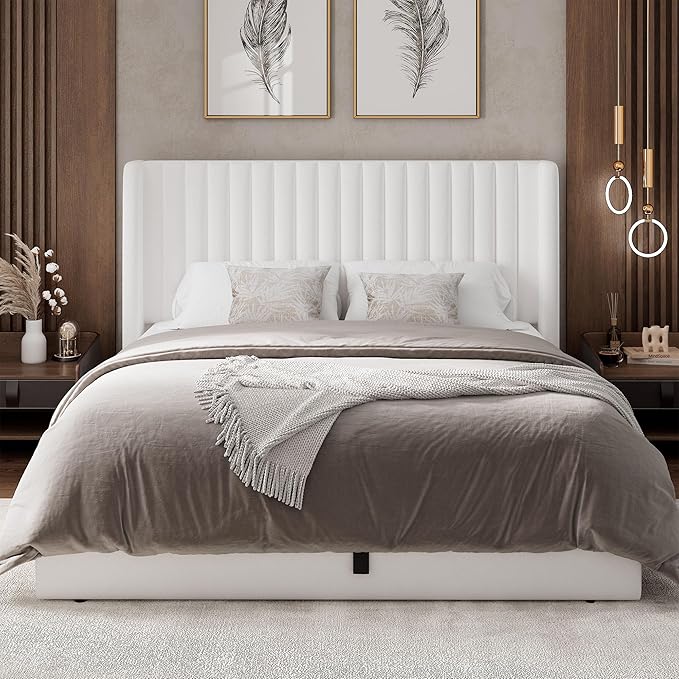 Feonase Queen Size Lift Up Storage Bed Frame, Velvet Upholstered Platform Bed Frame with Wingback Headboard, Hydraulic Storage, No Box Spring Needed, White
