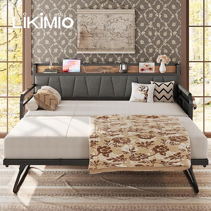 LIKIMIO Twin Daybed, Day Bed with Trundle, Storage Upholstered Headboard and Charging Station, Trundle Bed with Strong Supports for Living Room, Bedroom, and Guest Room, Grey
