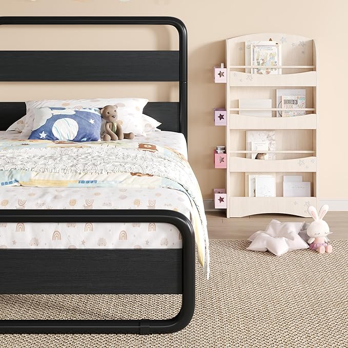 SHA CERLIN Twin Size Metal Bed Frame with Wooden Headboard and Footboard, Heavy Duty Oval-Shaped Platform Bed Frame with 10" Under-Bed Storage, Heavy Duty Slats Support, No Box Spring Needed, Black