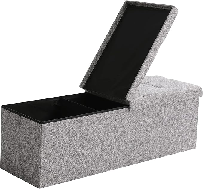 45.3 Inches Foldable Seat Footrest Shoe Bench End of Bed Storage with Flipping Lid, 166L Upholstered Tufted Bench, Linen Fabric Grey