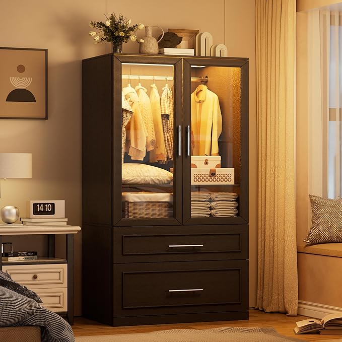 PAKASEPT Armoire Wardrobe Closet Door and Drawers, Bedroom Closet Wardrobe Cabinet with Hanging Rod, Lighted Freestanding Armoire Storage Cabinet for Bedroom Cloakroom (Black)
