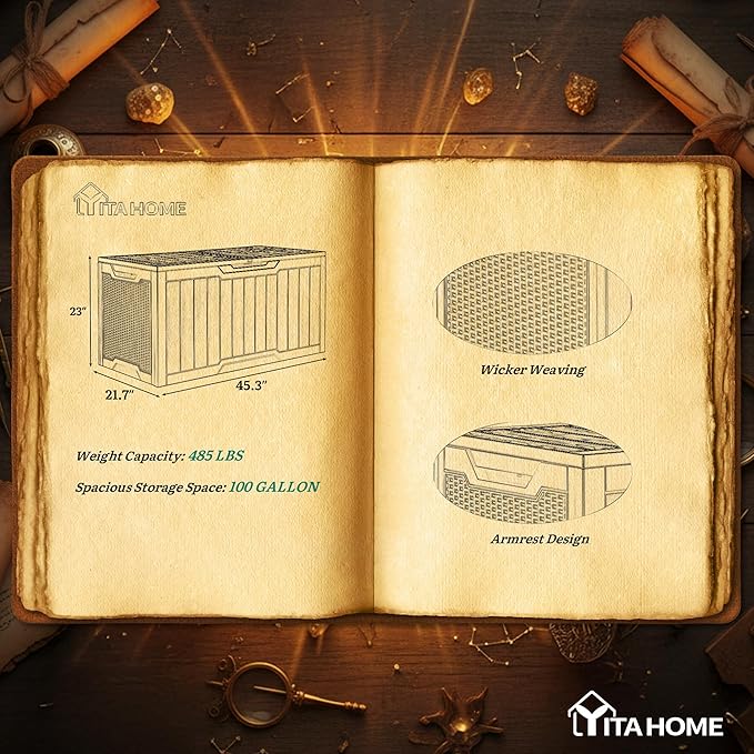 YITAHOME 100 Gallon Large Outdoor Storage Box, Water Resistant Resin Deck Box, Indoor Outdoor Lockable Rattan Storage Container for Patio, Garden, Cushions, Tools, Equipment (Black)