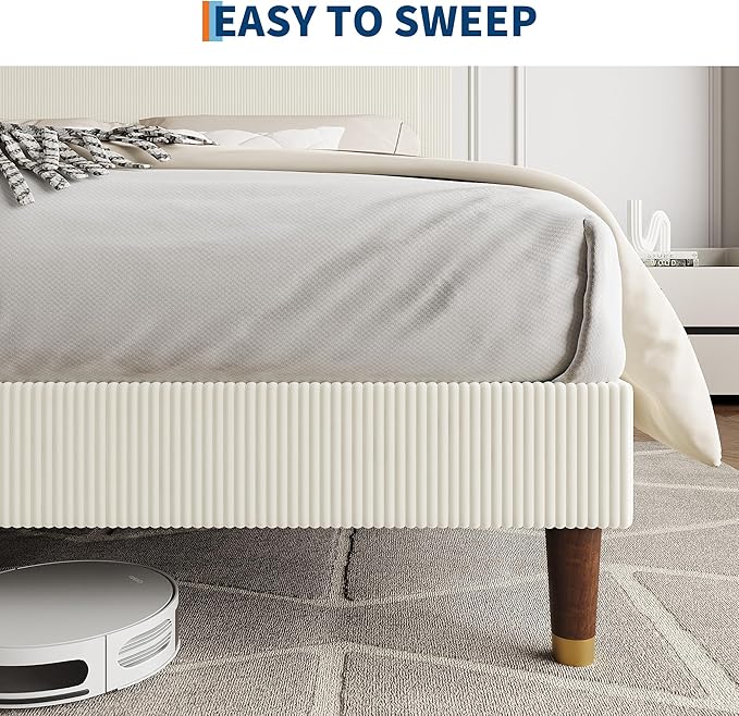 GarveeHome Twin Size Bed Frame with Upholstered Headboard and Strong Wooden Slats Support, Soft Corduroy Fabric Platform Bed, No Boxing Spring Needed, Easy Assembly, Beige