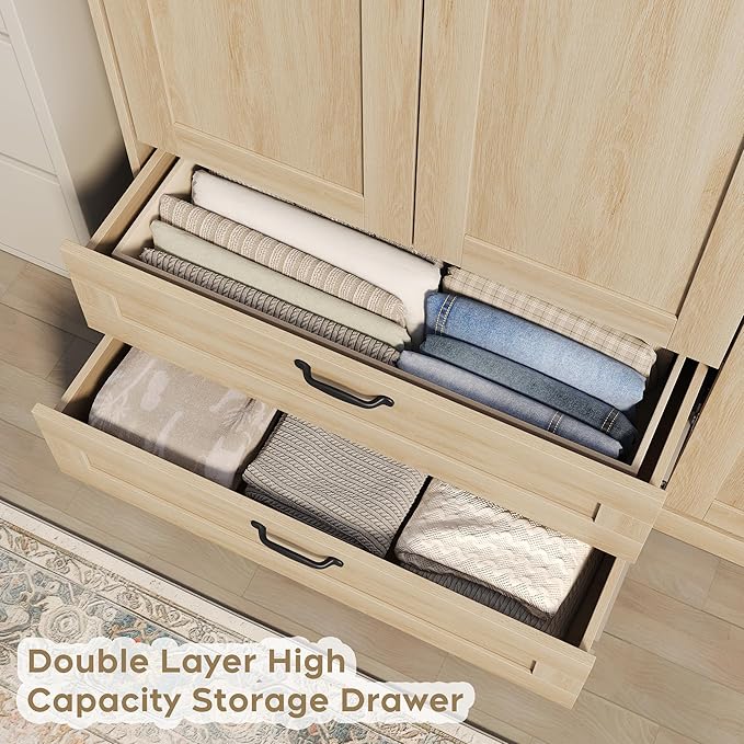 XIAO WEI Armoire Wardrobe Closet with 3 Door, Bedroom Wooden Armoires with Full Length Mirror, Large Clothing Storage Cabinet 2 Drawers, Hanging Rod (Natural, 3 Door)