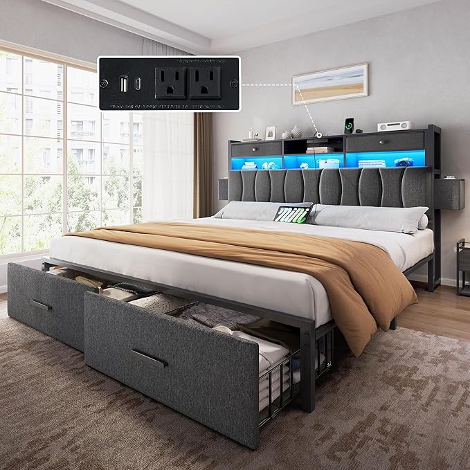 DWVO King Size with 2 Storage Drawers and Charging Station, Linen Upholstered Platform Bed with Storage Headboard and LED Light, Heavy Duty Metal Support, No Box Spring Needed, Noise Free, Grey