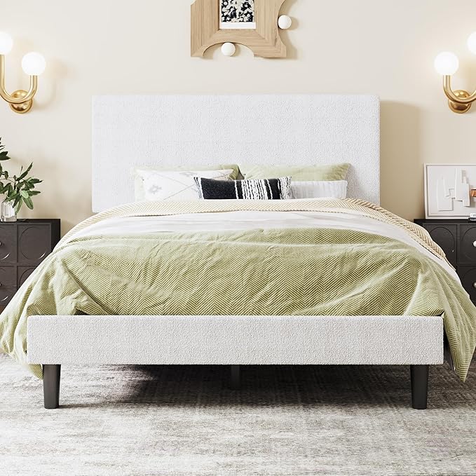 SHA CERLIN Full Size Platform Bed Frame with Adjustable Headboard and Wooden Slats Support, Boucle Upholstered Mattress Foundation, No Box Spring Needed, Easy Assembly, Soft White