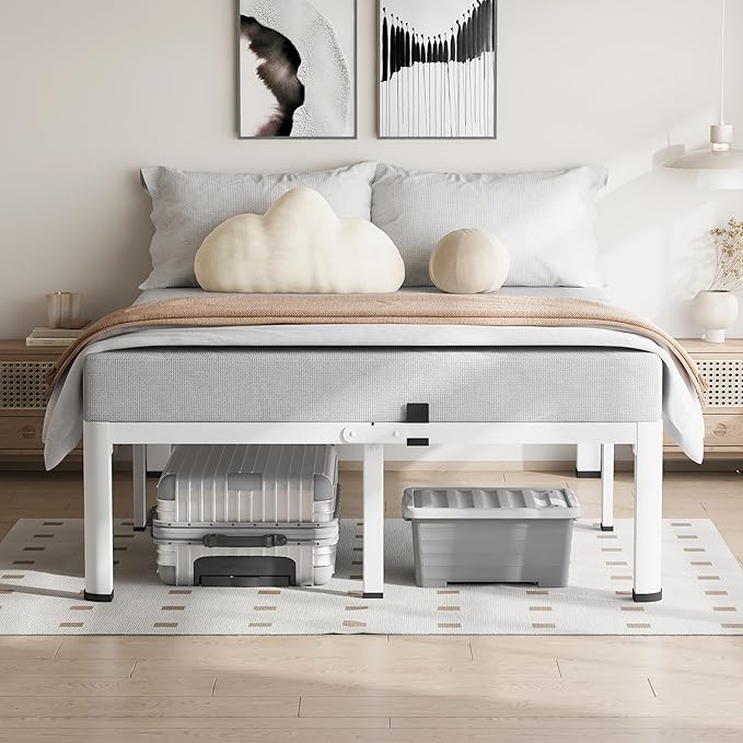VIPSHOW 18 Inch King Size White Bed Frame, 3500Lbs Heavy Duty Metal Platform with Round Corner Legs Mattress Slide Stopper, Steel Slat Support No Box Spring Needed, Noise Free, Non-Slip, Easy Assembly