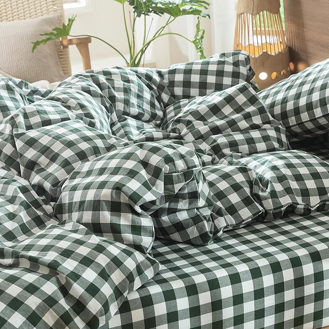 MooMee Gingham Duvet Cover Set 100% Washed Cotton Linen Like Textured Breathable Durable Soft Comfy Modern Checkered Design (Buffalo Plaid Forest Green, Oversized Full 82"x86")
