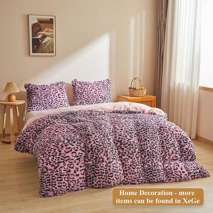 XeGe 20x54 Fluffy Leopard Print Body Pillow Cover, Cheetah Print Plush Fuzzy Faux Fur Body Pillowcase with Zipper, Farmhouse Shaggy Furry Long Pillow Cover for Women Side Sleeper, Black and Pink