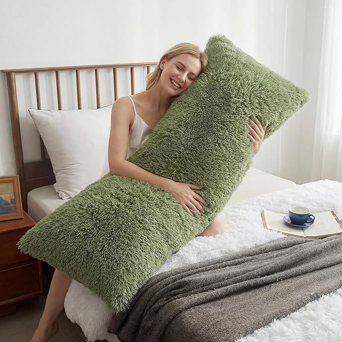 XeGe Luxury Shaggy Faux Fur Body Pillow Cover 20x54, Shed-Free Fluffy Long Pillowcase Hidden Zipper, Soft Plush Pillow Sham for Side Sleepers & Pregnancy Support, Aesthetic Room Decor (Sage Green)