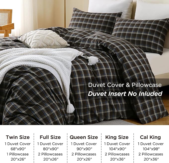 TOCOMOA Buffalo Plaid Duvet Cover Set 100% Washed Cotton Like Linen Feel Super Soft Comfy 2 Piece Brown Blue Gingham Checkered Bedding Comforter Cover Set (Twin 68"x90", Comforter Not Included)