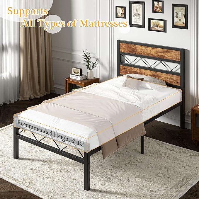 VECELO 2 Twin Bed Frame Set Metal Platform with Wooden Headboard, Heavy-Duty Metal Slats Support, No Box Spring Needed, Non-Slip, Noise Free, Easy Assembly, Black & Brown