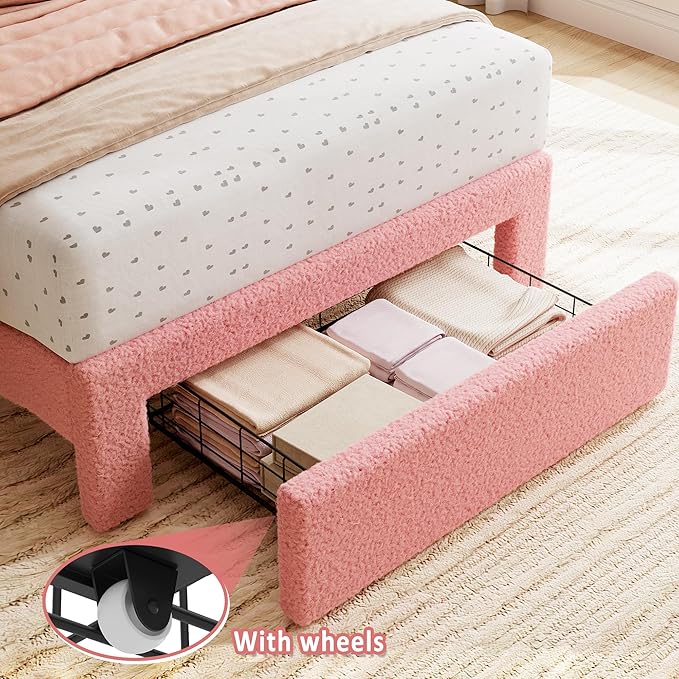IDEALHOUSE Twin Bed Frame with Storage Drawer and Headboard, Boucle Upholstered Twin Platform Bed Frame for Girls, Strong Wooden Slats Support, Noise-Free, Easy Assembly (Boucle Pink)