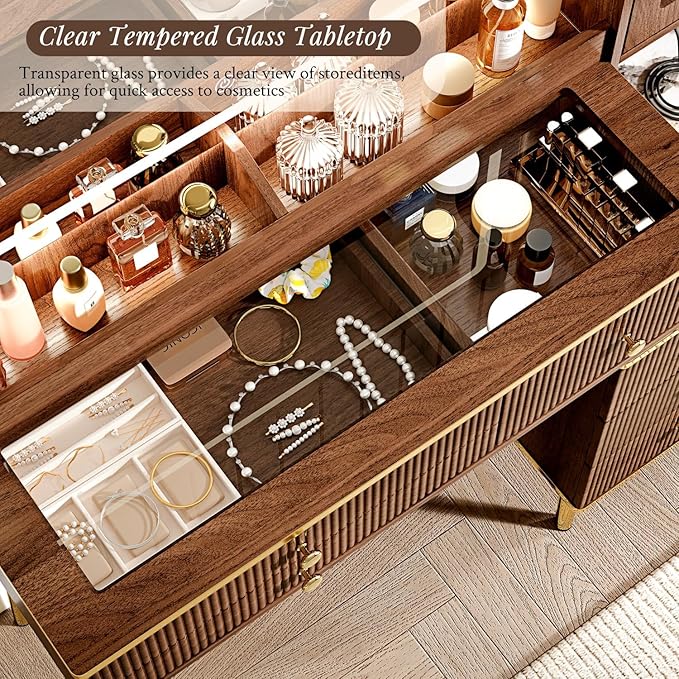 Arulvmrn Vanity Desk with 35.12" HD Lighted Mirror, 46.85" Big Modern Vanity Desk with Mirror and Lights, Makeup Vanity with 7 Drawers and Storage Shelves and Charging Station, Walnut