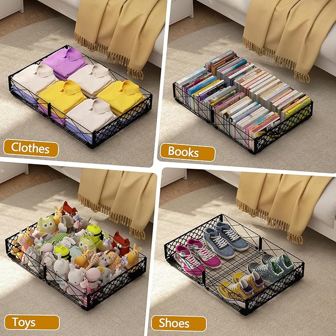 NADAMOO Under Bed Storage with Wheels, 2 Pack Rolling Under Bed Storage Containers,Foldable Metal Under the Bed Organizer Bins for Bedroom Clothes Shoes Blankets
