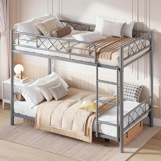 Garvee Bunk Bed Twin Over Twin with Extra High Guardrail, Heavy Duty Metal Frame & Sturdy Slats, No Box Spring Needed, Space Saver, Gray