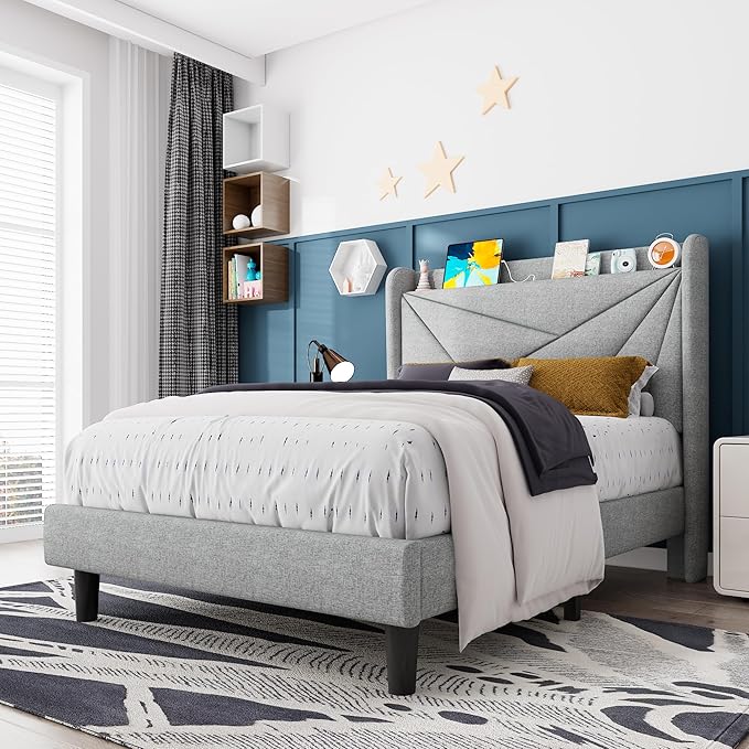 Feonase Twin Size Bed Frame with Charging Station, Upholstered Linen Bedframe with Wingback Headboard, Solid Wood Slats Support, No Box Spring Needed, Noise Free, Beige