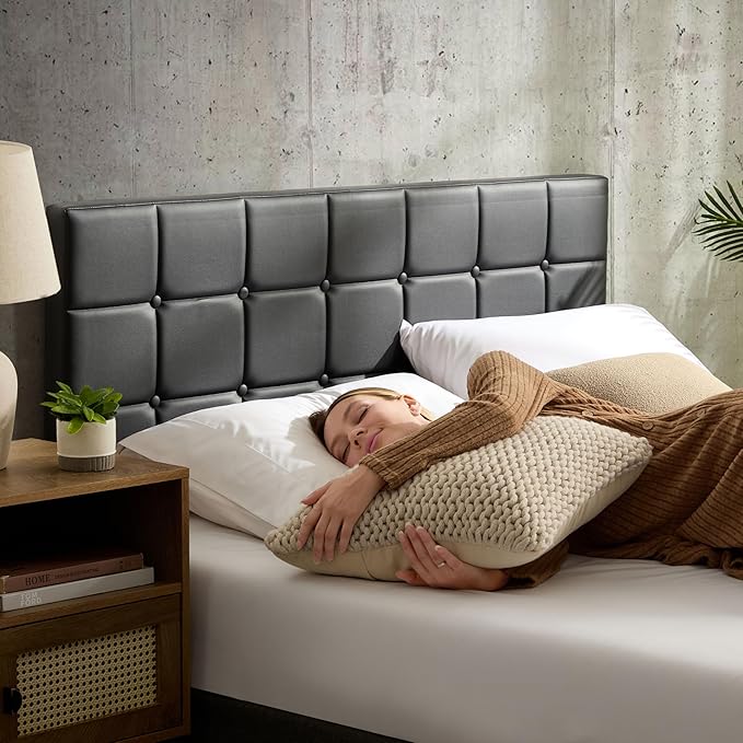 Hearth & Harbor Full Size Headboard, Button Tufted, Upholstered, Bed Frame Mount, Adjustable Height 34"-42", Modern, Black