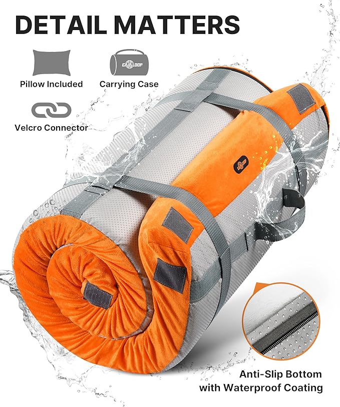 GAIALOOP 3 Inch Memory Foam Camping Mattress, Dual Layer Thick Sleeping Camp Pad for Car Tent Cot, Roll-Up Portable Glamping Floor Bed for Guests Sleepover