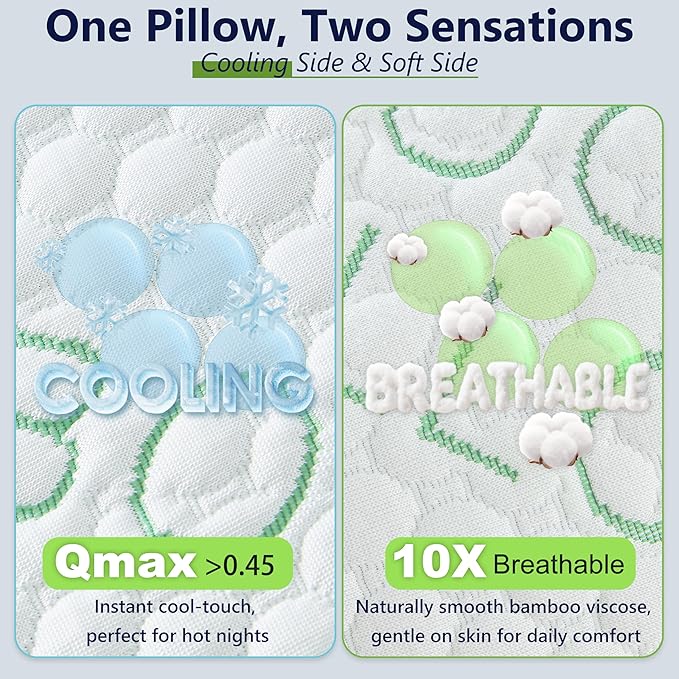 Shredded Memory Foam Pillow, Cooling Pillow Queen Size 1 Pack Adjustable Firm Bamboo Bed Pillow for Hot, Side, Back and Stomach Sleepers