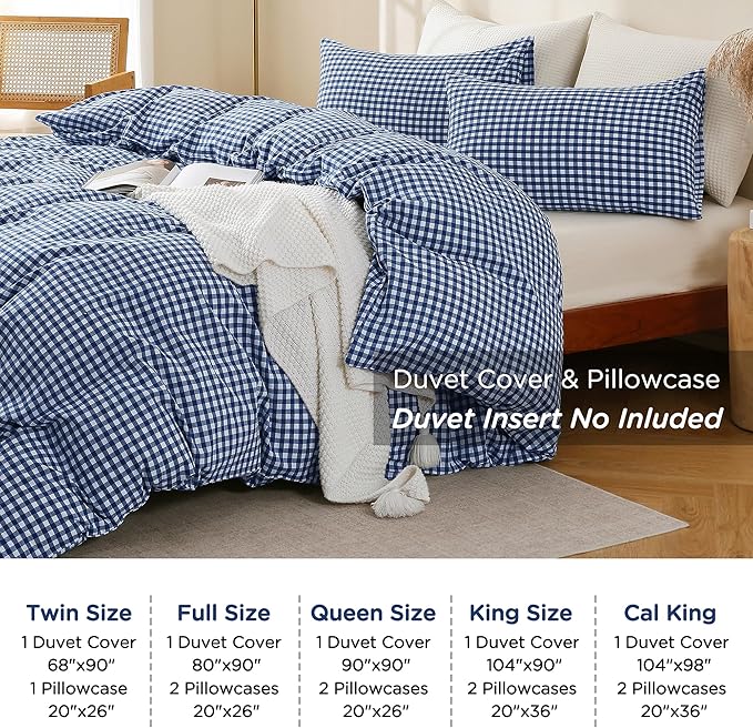 TOCOMOA Navy Blue Gingham Duvet Cover Bedding Set 100% Washed Cotton Like Linen Feel Super Soft Comfy 3 Piece Dark Blue Plaid Checkered Comforter Cover Set (King 104"x90", Comforter Not Included)