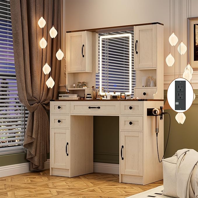 KAMABOKO Rustic Farmhouse Vanity Desk with Adjustable LED Mirror, Makeup Dressing Table with 5 Drawers 4 Cabinets & Built-in Power Outlet, Retro Storage Vanity for Bedroom & Dressing Room(045 Brown)