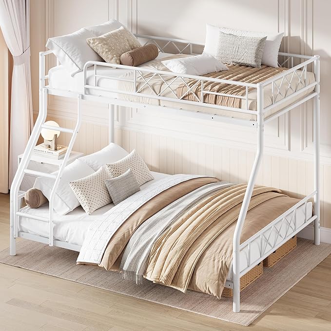 Garvee Bunk Bed Twin Over Full for Adults & Teens, Heavy Duty Metal with Ladder & Safety Rails, No Box Spring Required, Space Efficient Furniture for Bedroom, Dorm, White