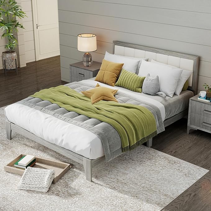 HOMCOM Queen Size Bed Frame with Upholstered Headboard, Platform Bed Frame with Wooden Slats, No Box Spring Needed, Easy Assembly, Gray