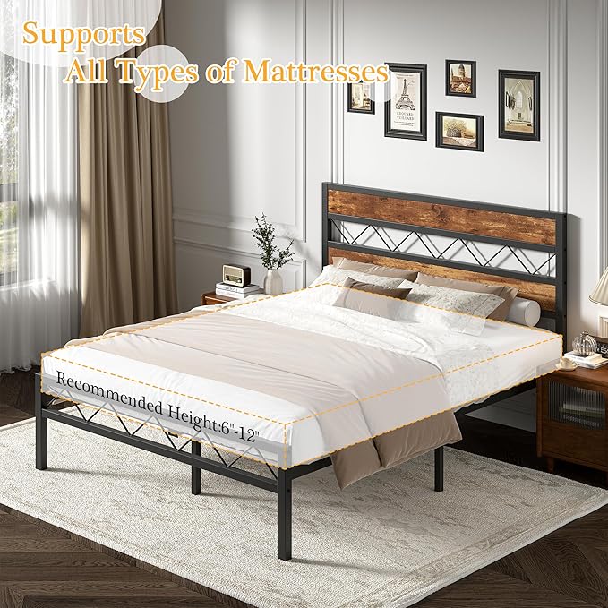 VECELO Queen Size Bed Frame with Headboard, Heavy-Duty Platform Bedframe with Metal Slats Support, No Box Spring Needed, Easy Assembly, Black & Brown